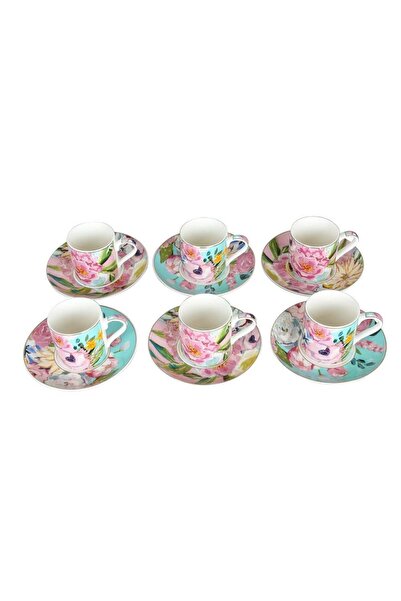 Lucky Art Peony Desenli 6 lı Bone China Porselen Kahve Fincanı seti 100 ml