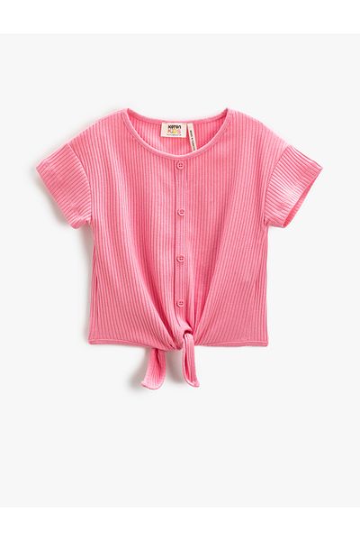 Koton Basic Crop T-Shirt mit gebundener Taille, gerippten Knöpfen und kurzen Ärmeln