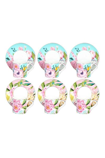 Lucky Art Peony Desenli 6 lı Bone China Porselen Kahve Fincanı seti 100 ml