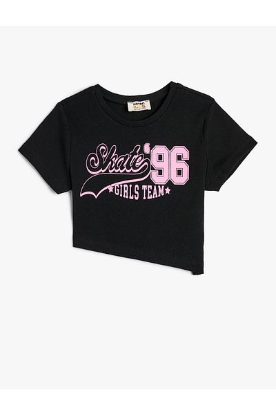 Koton Crop T-Shirt Ασύμμετρη μέση με στάμπα βαμβακερό