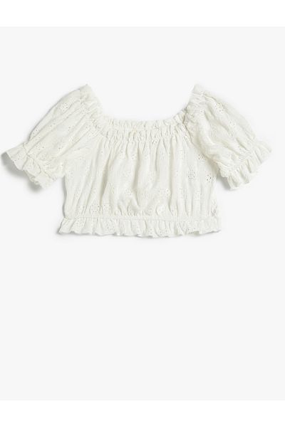 Koton Crop-Bluse, durchbrochen, kurze Rüschen mit Ballonärmeln