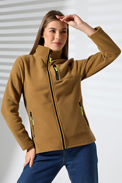 TİJA Kadın Fermuarlı Cepli, Hardal Polar Hırka,ceket, Anti Pilling Tüylenmez Polar