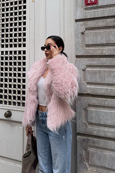 ASEDE Regular Size Soft Texture Lined Pocket Detail Plump Sunshine Fur Coat