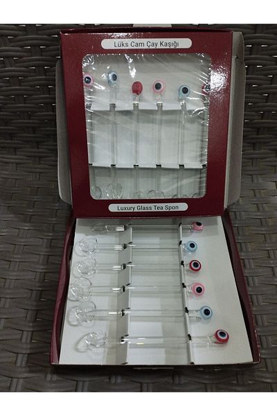 Lider MAGNESİA 12 Pieces Evil Eye Beads Patterned Glass Tea Spon - Luxury Glass Tea Spon