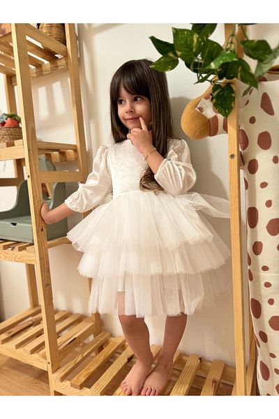 penu baby kids Fusta din țesătură din catifea ecru etajate Zi de naștere Petrecere de nuntă Ocazie specială Iarnă Fată Copil Fată Rochie pentru bebeluși