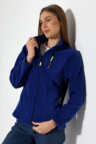 TİJA Saks Blue Women's Fleece Cardigan and Jacket - Zipper and Pocket, Anti Pilling