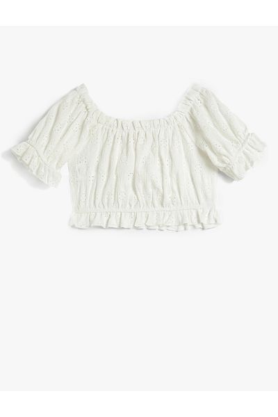 Koton Crop-Bluse, durchbrochen, kurze Rüschen mit Ballonärmeln