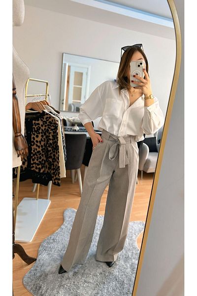 Fidan Striped Fabric Waist Belted Palazzo Trousers