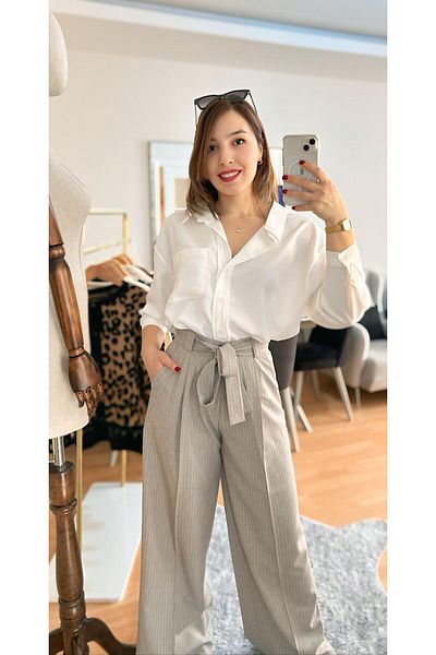 Fidan Striped Fabric Waist Belted Palazzo Trousers