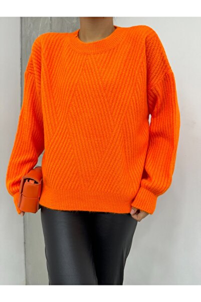 Modamorfo Pulover de tricotaj cu gât roșu cu model Baklava -portocaliu