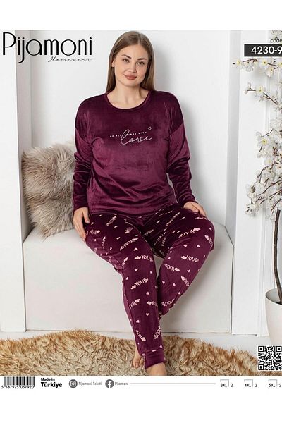 Pijamoni Set de pijamale cu mânecă lungă, catifea, mărime mare, pentru femei, 4230/9- 1 buc.