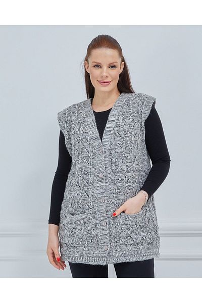 Fresh&Moda Women's Melted Houndstooth Model Thick Winter Knitted Pocket Knitwear Mother Vest