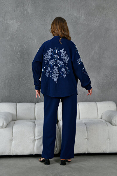 Miss Allos طقم سترة وسروال كيمونو محبوك من الخلف وأكمام مطرزة باللؤلؤ للنساء