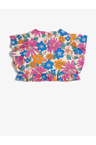 Koton Crop-Bluse, Rüschen, detaillierter Rundhalsausschnitt, Baumwolle