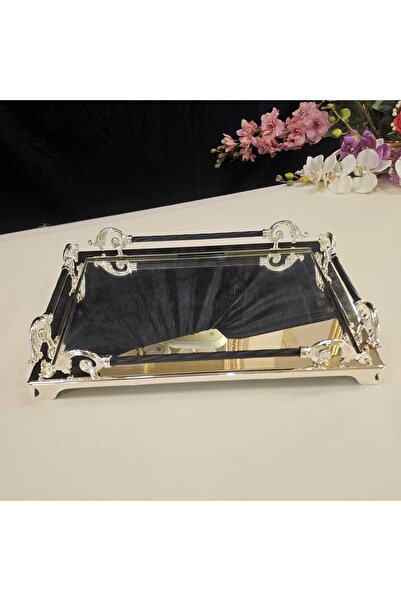 MaviDamla 1 قطعة صينية كلاسيكية بمرآة مستطيلة مقاس 38*26 فضي