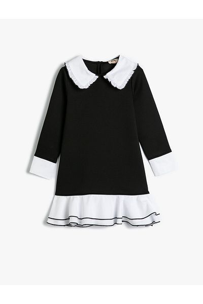 Koton Color Contrast Baby Collar Long Sleeve Ruffle Dress