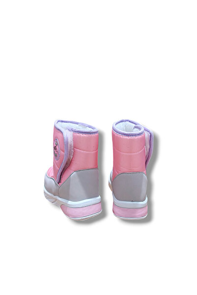 MODA Pembe Renk Lila Gri Detaylı Cırt Cırtlı Yünlü Kaydırmaz Su Geçirmez  Kışlık Ayakkabı Bot&Bootie