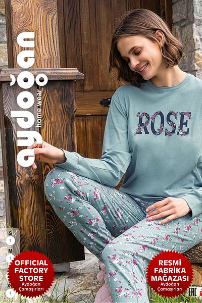 Aydoğan Women's Green Pajamas Set Cotton Crew Neck Long Sleeve 15020 - Aydogan ®