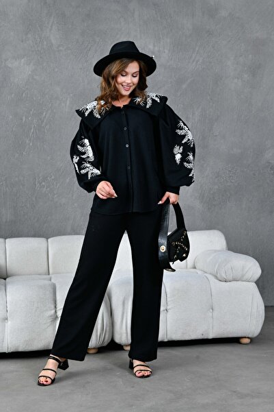 Miss Allos Női vállpántos gallér hímzett hímzett kötött ing és nadrág alsó felső szett