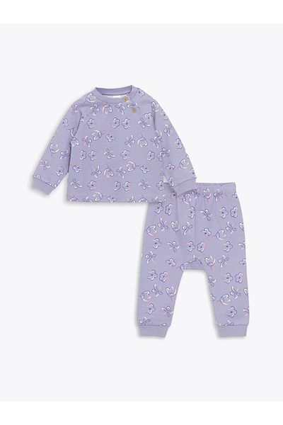 LC Waikiki Lcw Baby Lilac Floral Baby Girl Cardigan and Pants 2Pcs