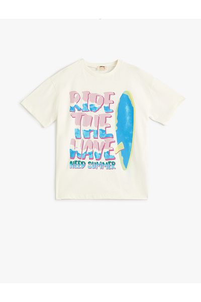 Koton Cotton Oversize T-Shirt - Surf Printed, Short Sleeve, Crew Neck
