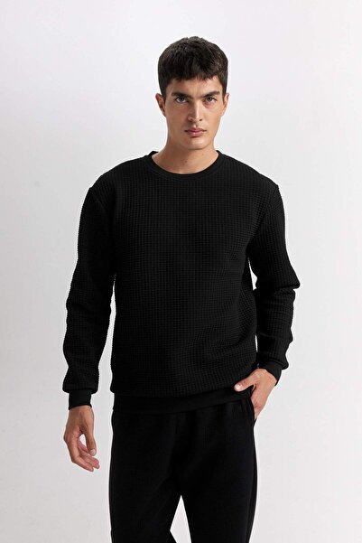 DeFacto DFM - Siyah Regular Fit Bisiklet Yaka Jakarlı Sweatshirt