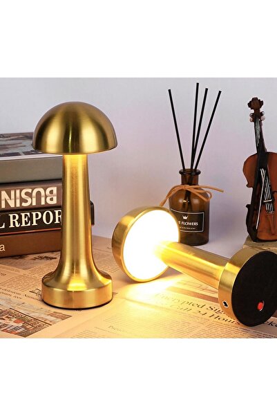 Genel Markalar Çelik Altın Gold Mantar Başlı Masa Lambası Şarjlı Dokunmatik Gece Işığı Lüks Başucu Lambası