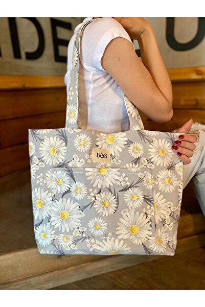 BS Papatya Desenli Körüklü Bez Çanta Kadın Kol ve Omuz Çantası