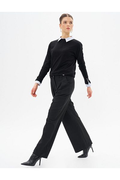 Kayra Black Trousers with High Waist and Double Pleat Detail