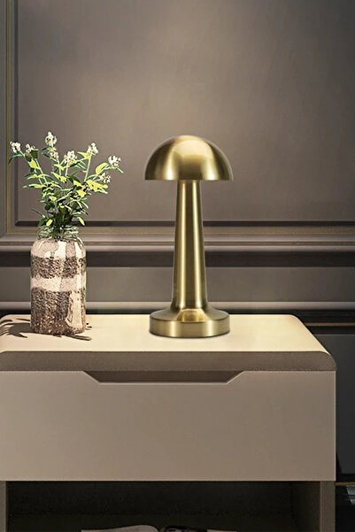 Genel Markalar Çelik Altın Gold Mantar Başlı Masa Lambası Şarjlı Dokunmatik Gece Işığı Lüks Başucu Lambası