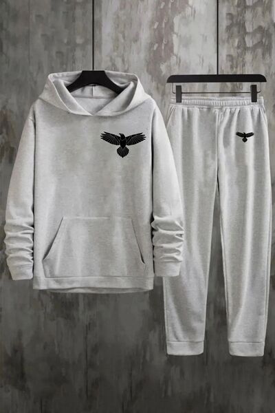 Nebulaa Tekstil Eagle Front Printed Hoodie Oversize Gray Sweatshirt and Gray Sweatpants Top Set