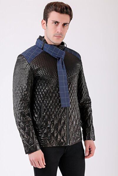 Leather Club Siyah Lacivert Atkı Aksesuarlı Hakiki Deri Ceket