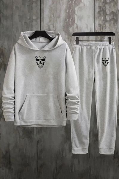 Pink Sky Oversize Gray Sweatshirt and Tracksuit Set - Front Printed Skull Skull