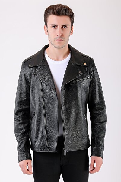 Leather Club Siyah Jumbo Biker Hakiki Deri Ceket