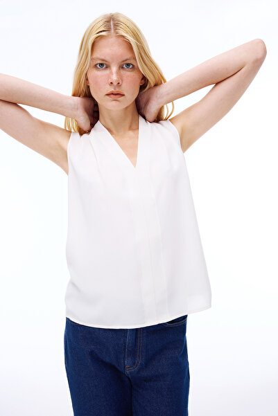 Perspective Farewell Regular Fit Zero Sleeve V-Neck Beige Color Women's Blouse