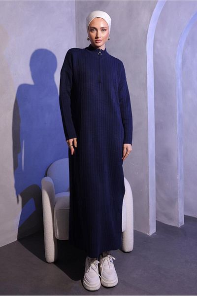 TRENDTESETTÜR Γυναικείο πλεκτό φόρεμα Navy Blue με φερμουάρ - T 3109