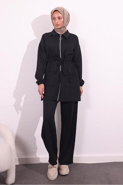 TRENDTESETTÜR Μαύρο γυναικείο σετ παντελονιών Scuba - T 5654