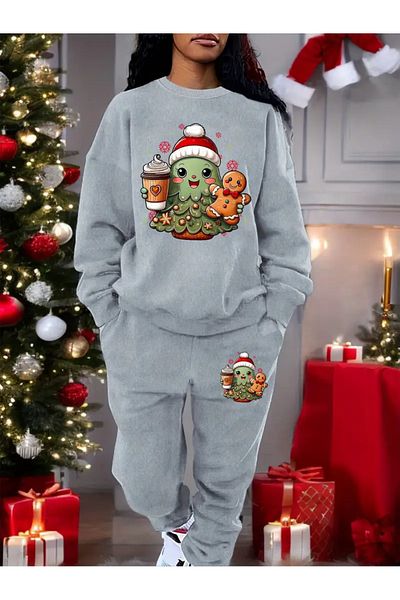 Frisson Christmas Printed Hooded Sweatshirt Tracksuit Bottom Top Set