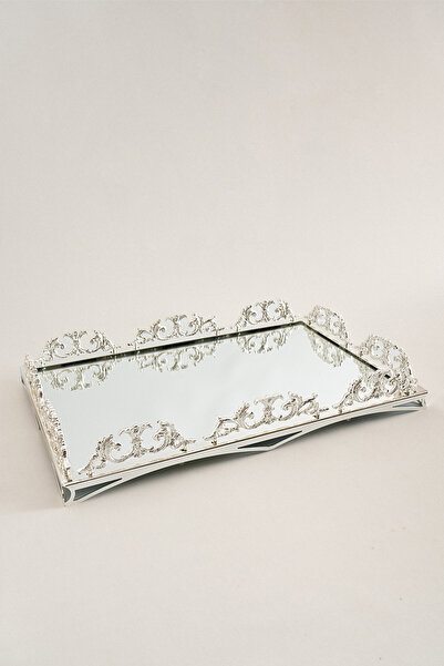 Nazik Home Elite Taç İşlemeli Dikdörtgen Gümüş Büyük Tepsi (46 x 32 cm)