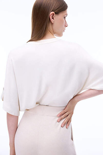 Perspective Safira Regular Fit Standard Length Low Sleeve Crew Neck Ecru Color Women's Blouse