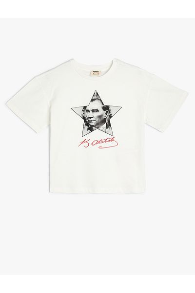Koton Βαμβακερό μπλουζάκι με στάμπα Ataturk - Κοντό μανίκι, λαιμόκοψη