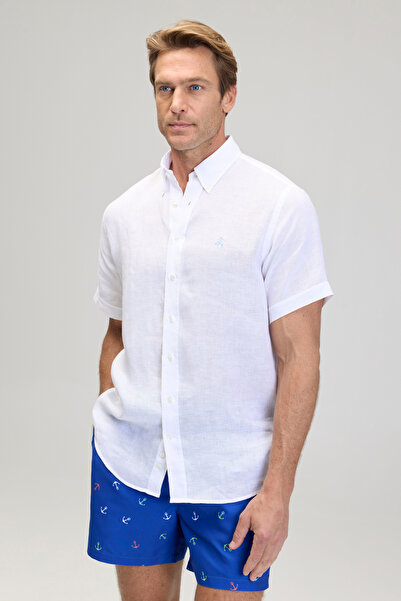 BROOKS BROTHERS Erkek Beyaz %100 Keten Düğmeli Yaka Kısa Kollu Regular Gömlek