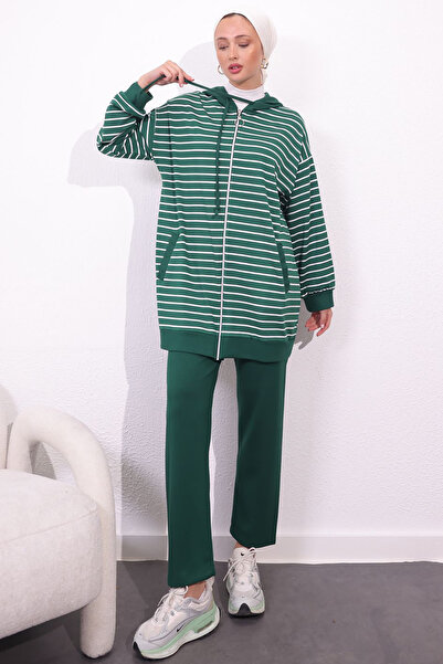 benguen 4513 Model Emerald Green Striped Double Set