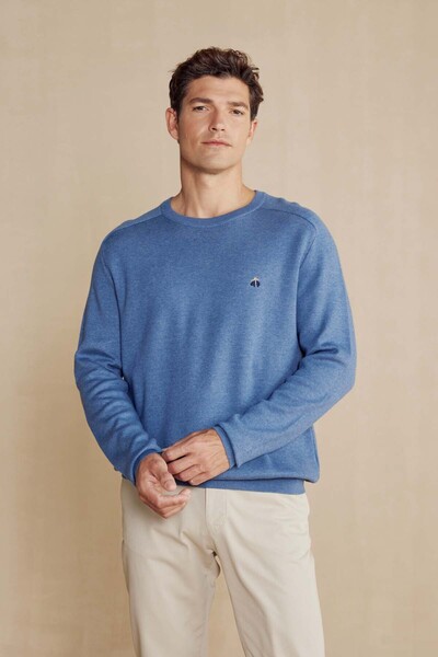 BROOKS BROTHERS Erkek Mavi Melanj Bisiklet Yaka Pike Örgü Pamuk Erkek Kazak