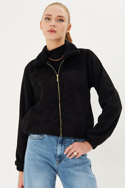 armonika Women's Black Sheepskin Coat with Sheepskin Pockets Thick Corduroy Elastic Waist Coat Arm-25K 001048
