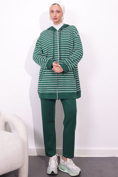 benguen 4513 Model Emerald Green Striped Double Set