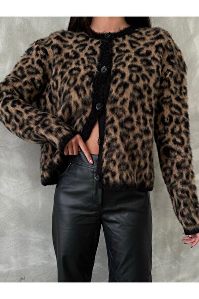 LuXeX Women's Brown Crew Neck Bearded Leopard Print Wool Knitwear Cardigan