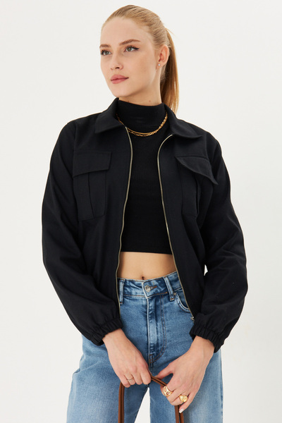 armonika Black Shirt Collar Women's Coat with Zipper and Pockets - Elastic Wa...