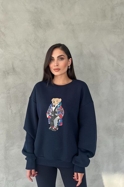 Seda Yalçın Atelier Navy Blue Teddy Bear Printed Sweatshirt