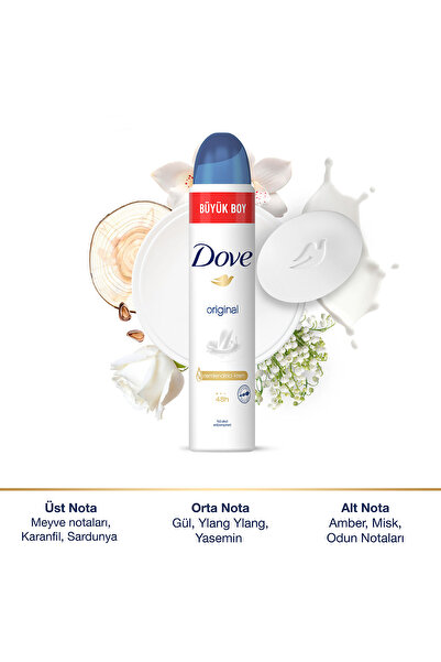 Dove Kadın Sprey Deodorant Original 1/4 Nemlendirici Krem Etkili Büyük Boy 200ml X1 Adet